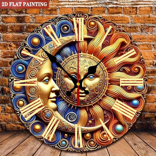 Sun & Moon Wall Clock. Roman numerals, vintage silent design for living room or bedroom.