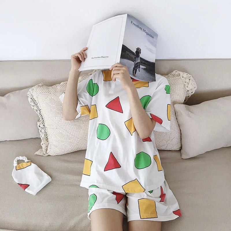 Japanese pajamas women's short-sleeved crayons Xiaoxin round neck with Korean loungewear trousers two-piece set