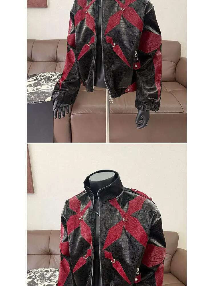 PFHQ Men's PU Leather Jacket 2025 Zipper Stand Collar Contrast Color Korea Fashion Darkwear Male Tops Casual 21E2807