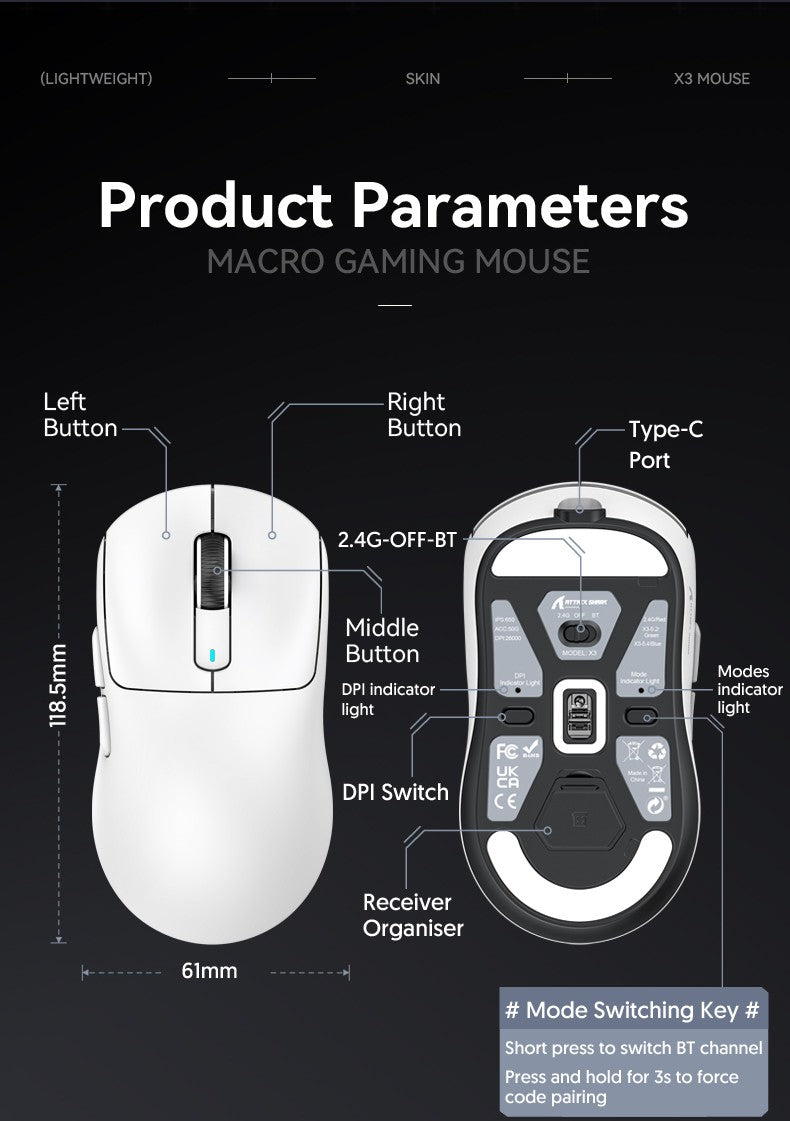 Mouse Gamer ATTACK SHARK X3 Leve Sem Fio Bluetooth Conexão Tri-Modo, PAW3395, Macro