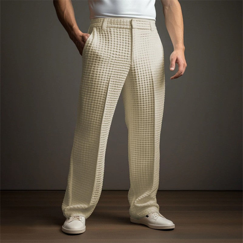 New 2025 Men's Elegant Waffle Suit Pants Solid Loose Straight Trousers Business Social Dress Pants Casual Vacation Pants for Men