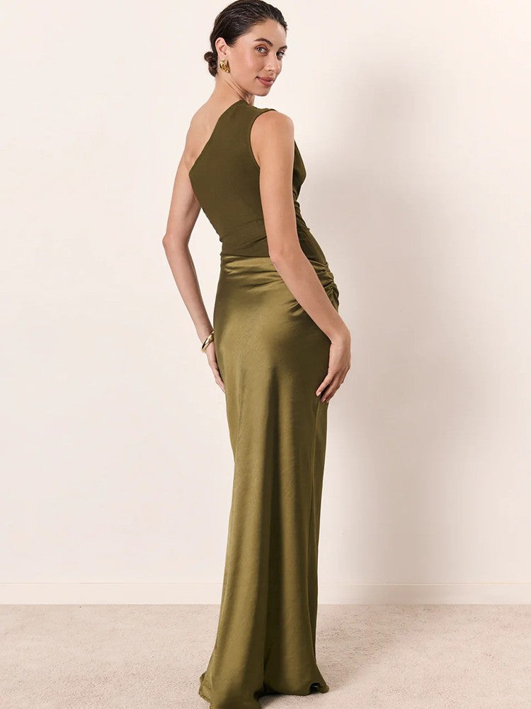 JULISSA MO Patchwork Satin Sexy One Shoulder Women Maxi Dress Brown Sleeveless E