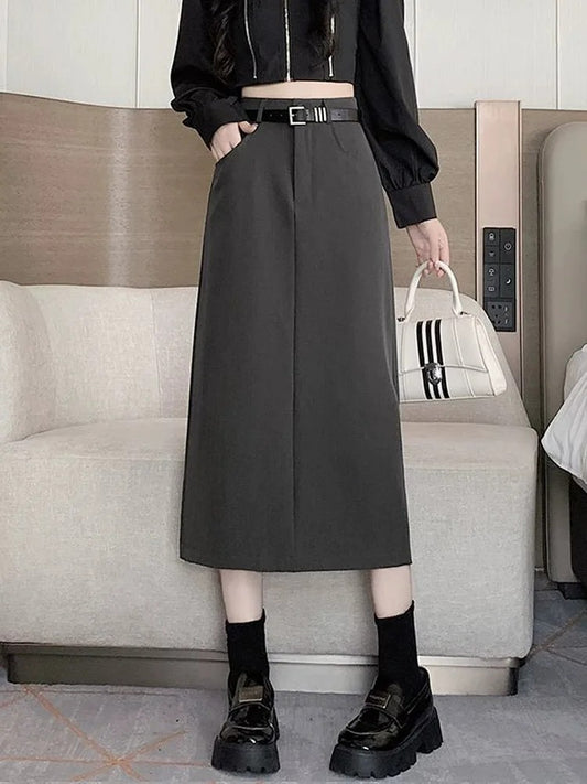 Grey High-waisted A- line Skirt Half Dress Petite Long Dress Autumn/winter For Women Side Slit Workwear