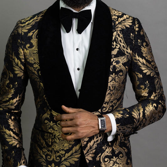 Floral Jacquard Blazer for Men Prom African Fashion Slim Fit with Velvet Shawl Lapel Male Suit Jacket for Wedding Groom Tuxedo
