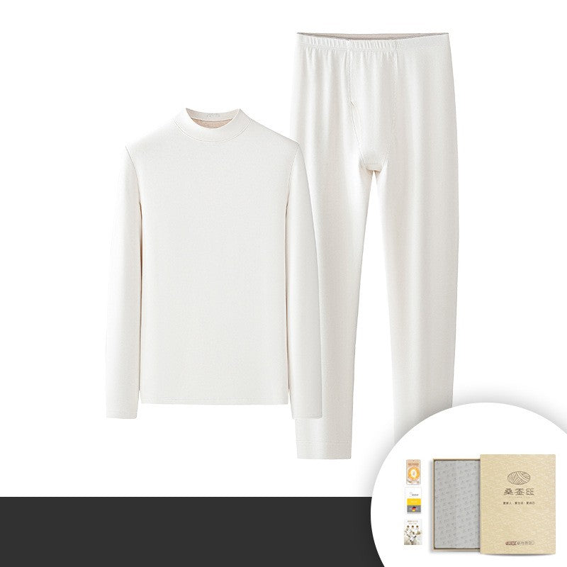 6760 Autumn Winter Keep Warm Slim Underwear Tops Pants For Men Good Quality Mulberry Silk Fleece Thicken Simple Male Sets Gift