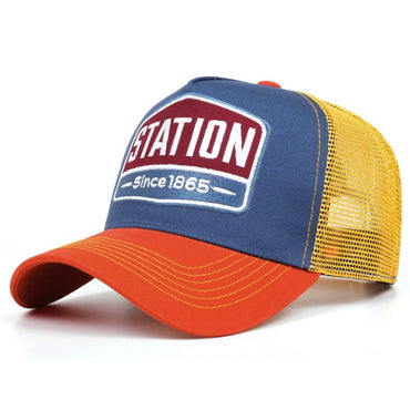 Boné Unissex Clássico com Estampa de Letras "STATION" em Tela, Boné Respirável Masculino e Feminino para Streetwear, Chapéu Trucker de Verão