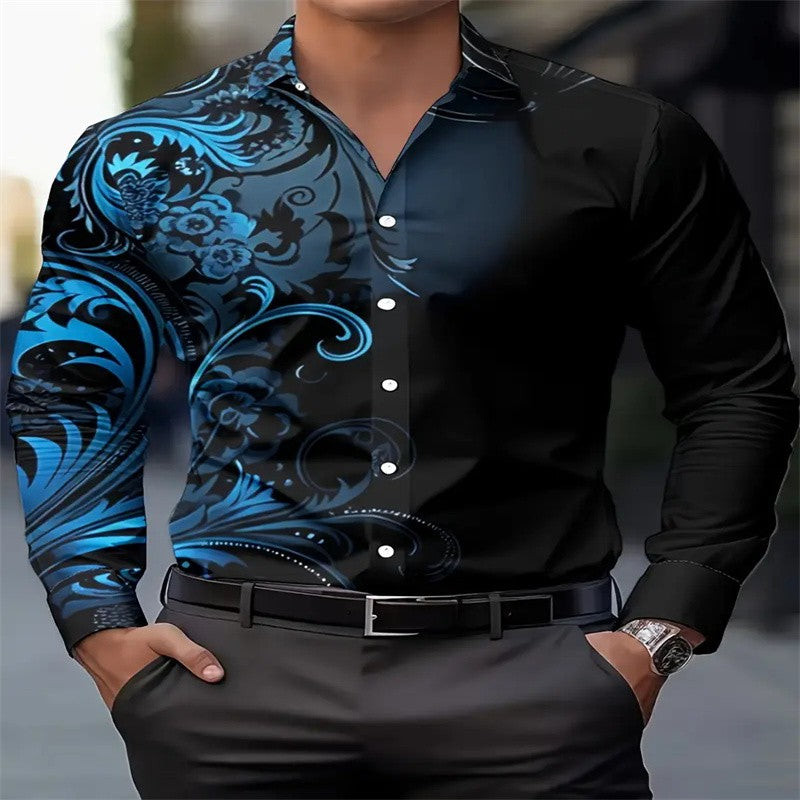 Men's black and red long sleeved shirt with fashionable Pegasus print button up shirt - long sleeved, lapel, non elastic fabric,