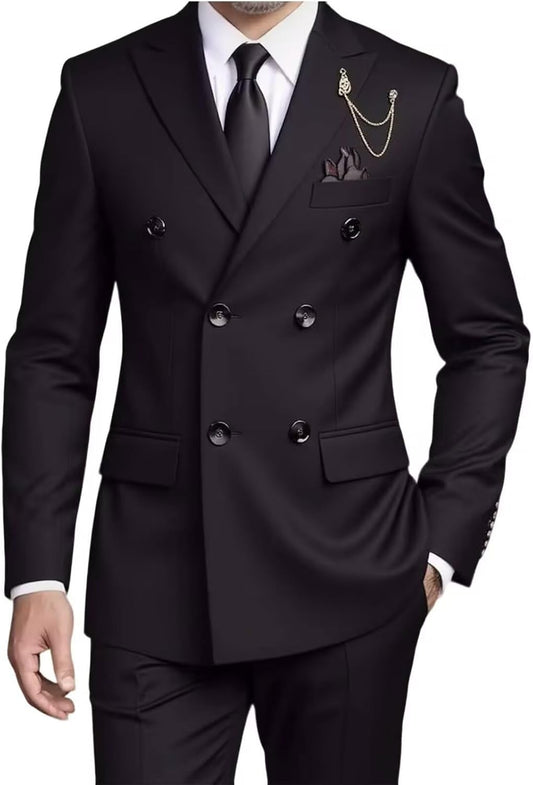 Men's Double-Breasted Suit Set,Business Formal Suit with Pants, Classic 6-Button Design