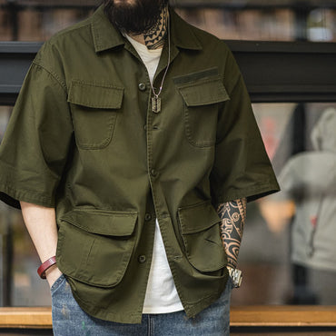 Maden Summer Vintage Four Pockets Short Sleeve Shirts for Men Cotton Green Loose Turn-down Collar Shirt Cargo Tops Male XL XXL