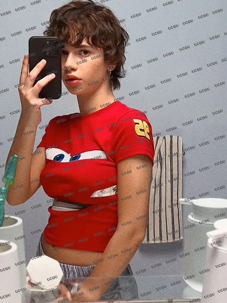 2025 Summer New Lightning Mcqueen Print T-shirt For Women Short Sleeve Crop Top Streetwear O-neck Tees Vintage Casual Y2k Tops