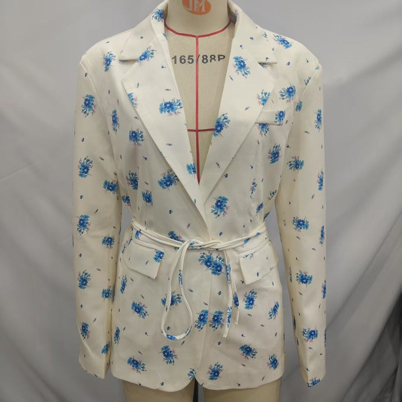 Women's 2025 Spring/Summer New Fashion Printed Loose Suit Collar Belted Waist - cinching Suit Jacket
