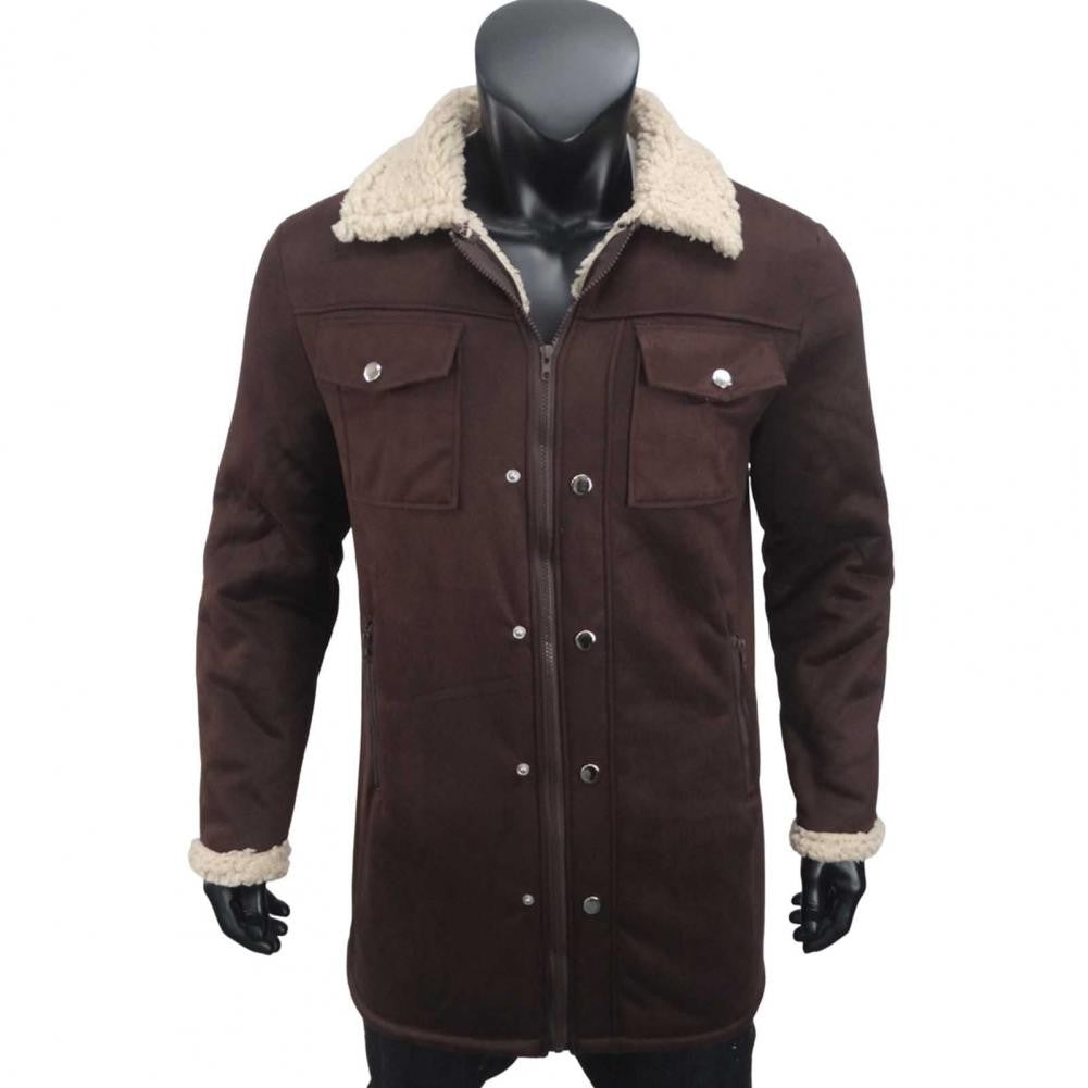 Autumn Winter Men Jacket Lapel Single-Breasted Mid-Length Coat Windproof Jacket Suede Multi Pockets Outerwear Men Clothing