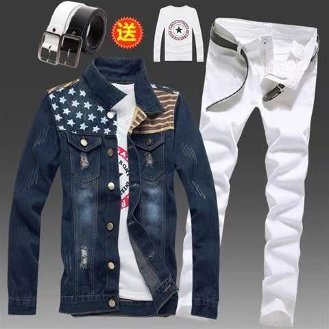 Men's Slim Fit Denim Jacket Pants 2pcs Set Long Sleeve Coats Letters Printed Casual Large Size Black White Red Boys Trousers