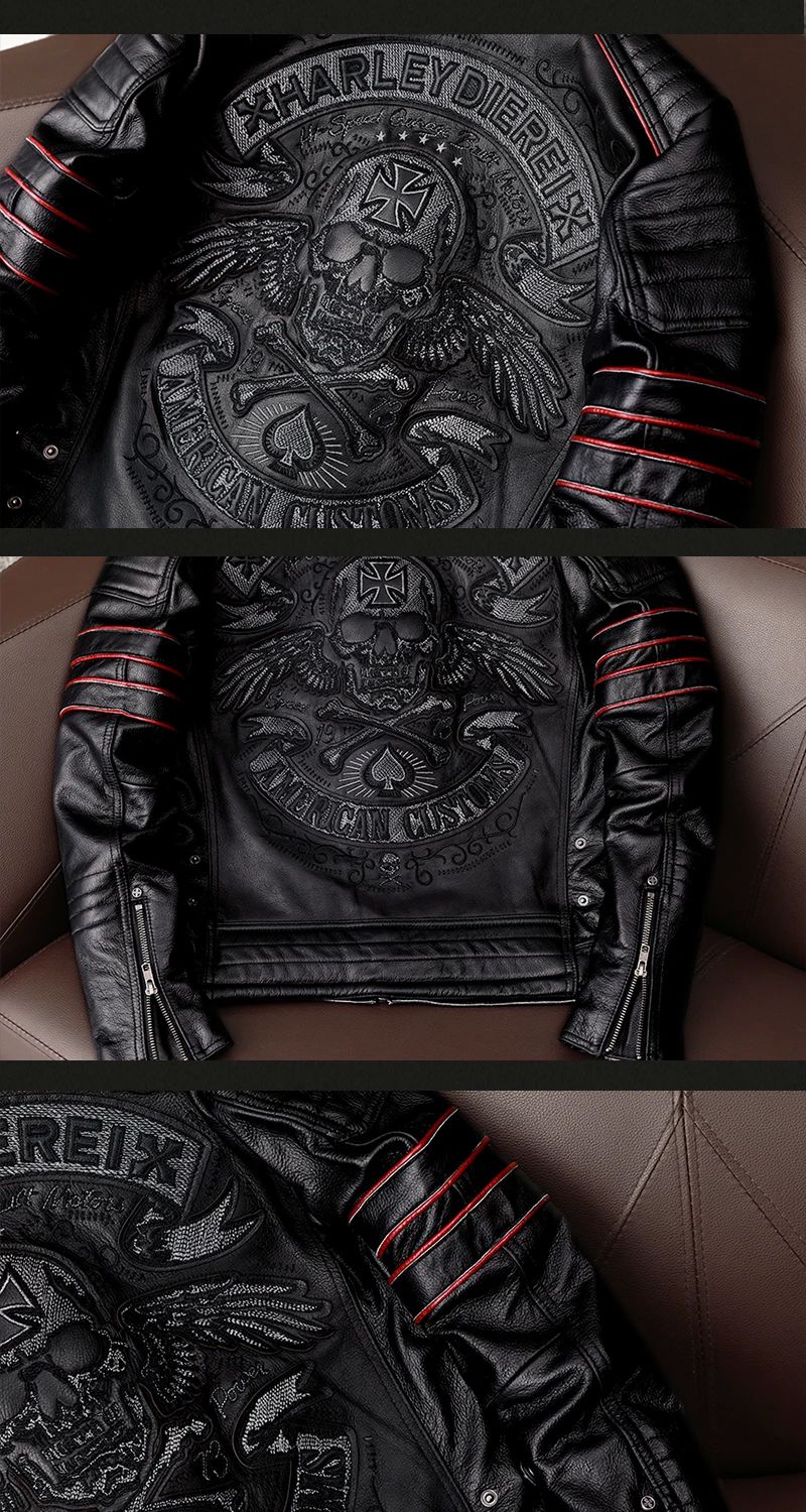 Men's Spring Original Leather Motorcycle Jacket 2025 Skull Embroidery Top Layer Cowhide Clothing Slim Fit Black Slim Male Coat