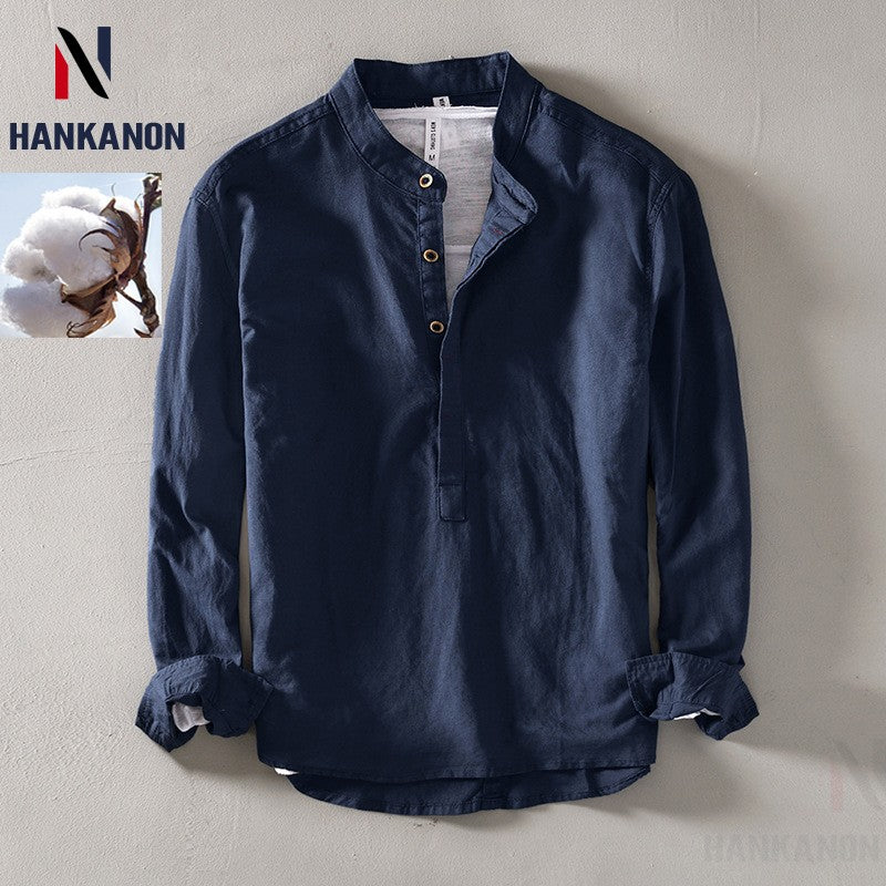 2024 Men's Linen Long-sleeved Shirt with Stand Collar, Youth Casual Loose Men's Cotton and Linen White Shirt.Beach Vacation Top