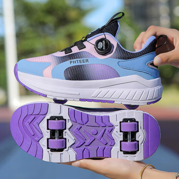 Sapatos de Rodinhas Infantis de Duas Rodas com Luz, Tênis de Caminhada com Adesivo Mágico, Rodas Destacáveis, Patins para Adolescentes