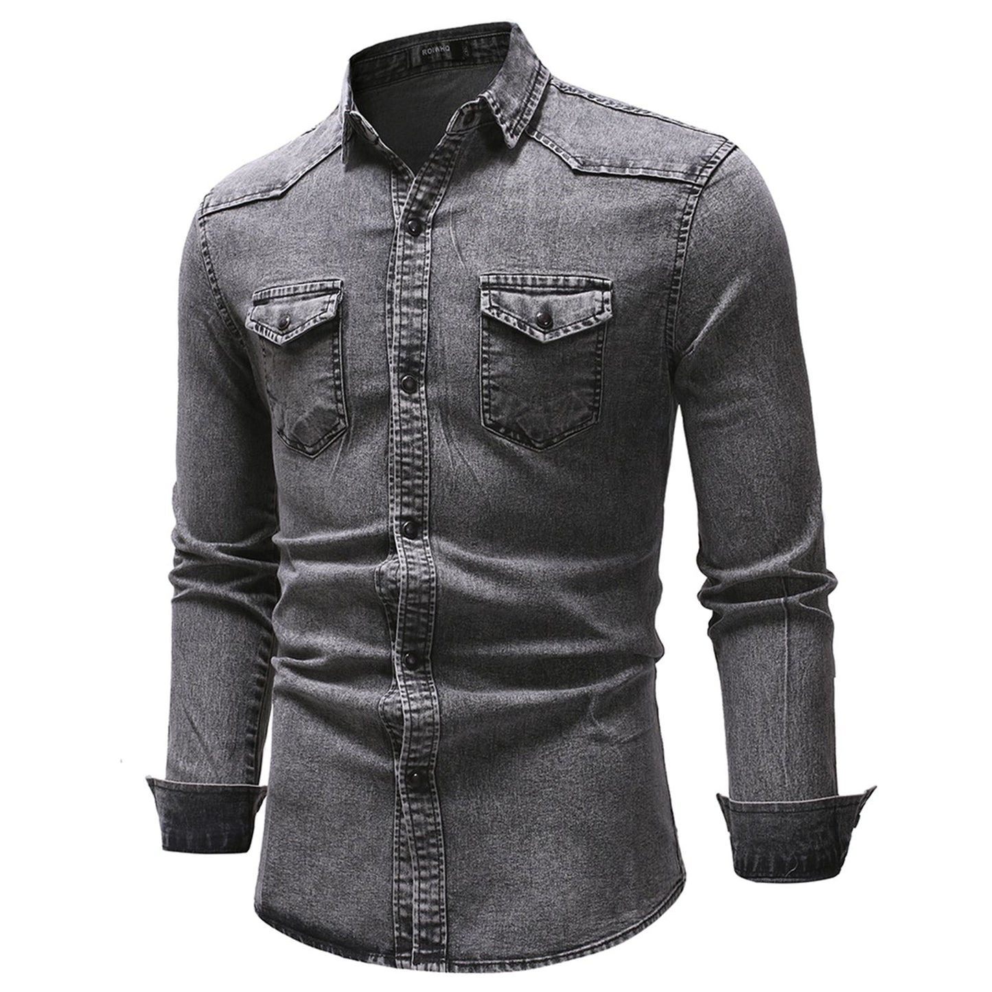 2024 Men's Spring Autumn Casual Shirts Solid Color Long Sleeve Lapel Denim Tops Button Shirts for Party