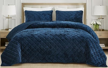 Luxury Navy Blue Velvet Oversized King Quilt Set, 3-Piece Plush Distressed Velvet Bedding for All Seasons, Lightweight
