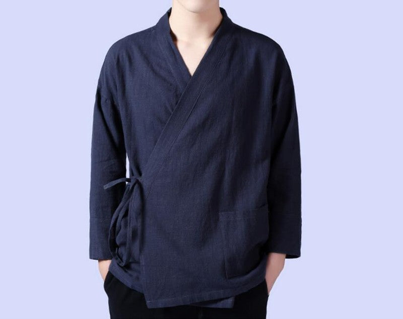 Men's linen vest Men's shirt Long sleeved Chinese official collar Traditional Kung Fu Tang casual social shirt Plus size shirts