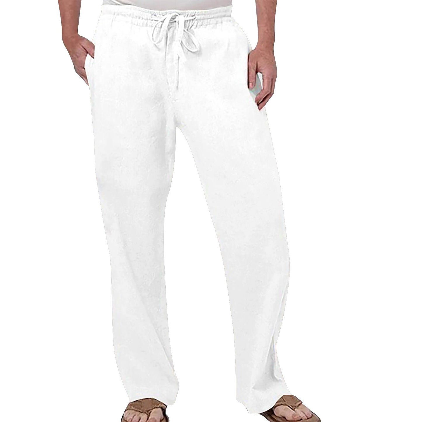 Mens Fashion Casual Pants Solid Color Breathable Cotton Linen Elastic Waist Straight Pants With Pockets Large Size White Pants
