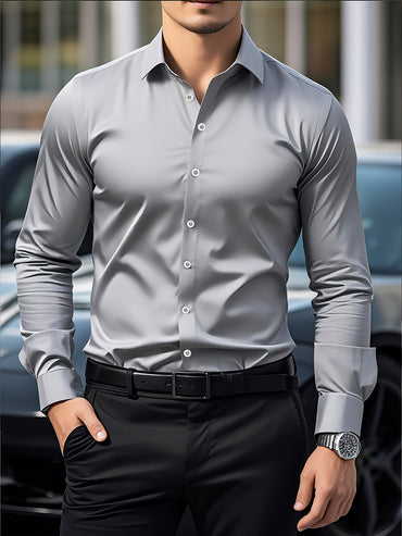 FGKKS New Men Casual Shirt Brand Fashion Solid Color Long Sleeve Elastic Fabric Male Business Dress Shirt