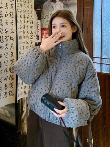 Korean Vintage Winter Women Floral Long Sleeved Zipper Down Jacket Ladies Vintage Short Warm Bread Coat Casual Versatile Popular