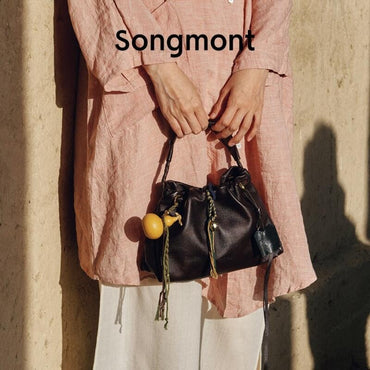 Songmont Genuine Leather Mini Bucket Bag Adjustable Drawstring Multi Straps White Black Blue Casual Chic Crossbody Bag Oversized