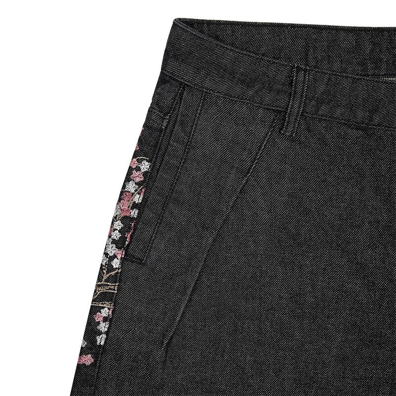 Fashion Retro Cherry Blossom Pattern Embroidery Black Denim Shorts Gothic Hip Hop Men Women Versatile Casual Streetwear Summer