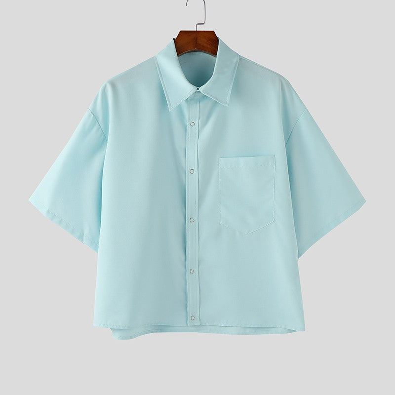 INCERUN Men's Shirts Solid Color Lapel Short Sleeve Pockets Button Male Crop Tops Streetwear Summer Loose Fashion Men Clothing