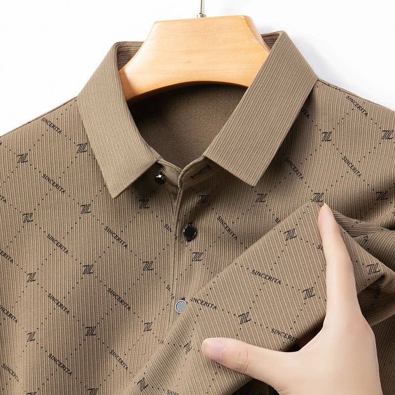 New Men's Business Casual Long Sleeved Shirt with Badge Solid Color Polo Shirt Fashionable Breathable Comfortable Versatile Top