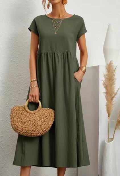 Women Vintage Solid Dress 2023 Summer Elegant O Neck Short Sleeve Cotton Linen D