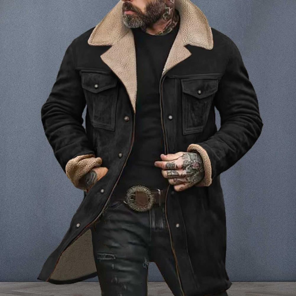 Autumn Winter Men Jacket Lapel Single-Breasted Mid-Length Coat Windproof Jacket Suede Multi Pockets Outerwear Men Clothing