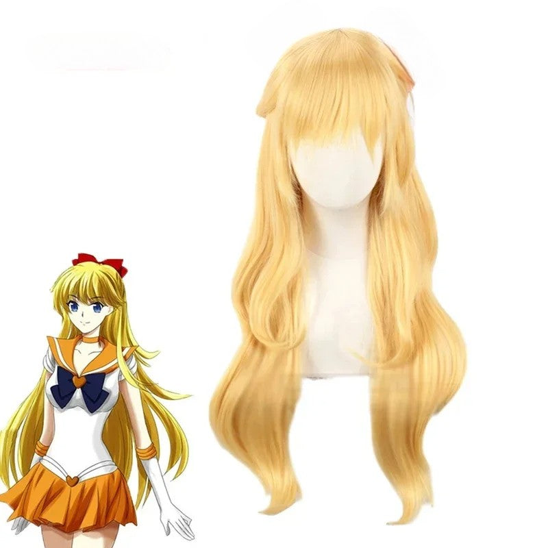 Perucas WHIMSICAL W Anime Sailor Venus Cosplay Sailor Minako Aino Loiras Longas Onduladas Frouxas Resistentes ao Calor Sintéticas