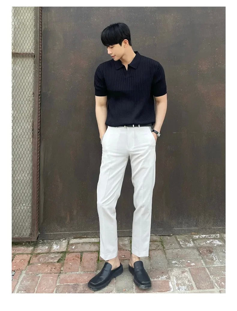 Trendy Polo Shirt For Men Summer Solid Color Top Versatile Knit Style Korean Short Sleeves Casual Fashion T-shirt