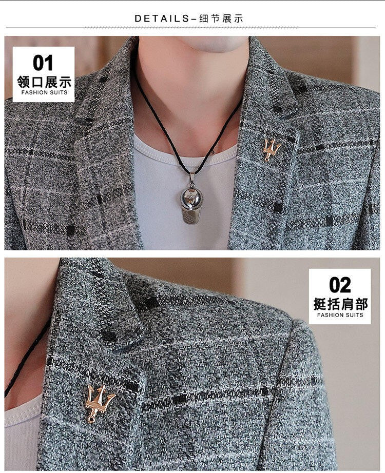 Men's casual plaid suit jacket, fashionable and versatile slim-fitting top, stylish plaid suit