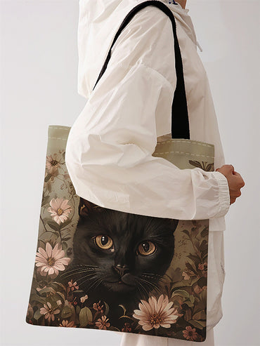 Black cat pattern printed casual handbag, reusable fashionable backpack, multifunctional handbag, canvas shopping bag