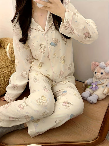 2-Piece New Women's High-Aesthetic Pajama Set for Autumn & Winter - INS-Style, Cartoon Bear Print, Fresh & Sweet, Top Choice for