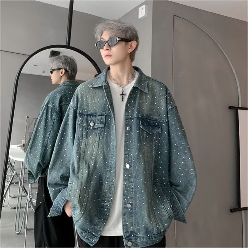 American Trendy Denim Jacket Mens Make Old Flash Diamond Fashion Outwear Spring Single-breasted Street Couple Cowboy Coats