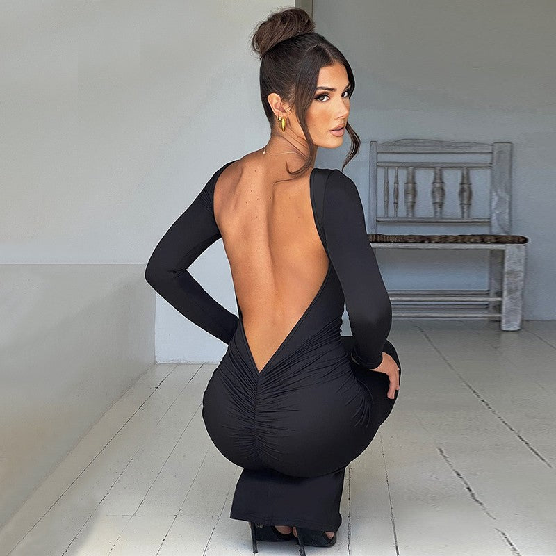 Hugcitar Spring Elegant Long Sleeve Backless Solid Cuched Sexy Bodycon Maxi Prom