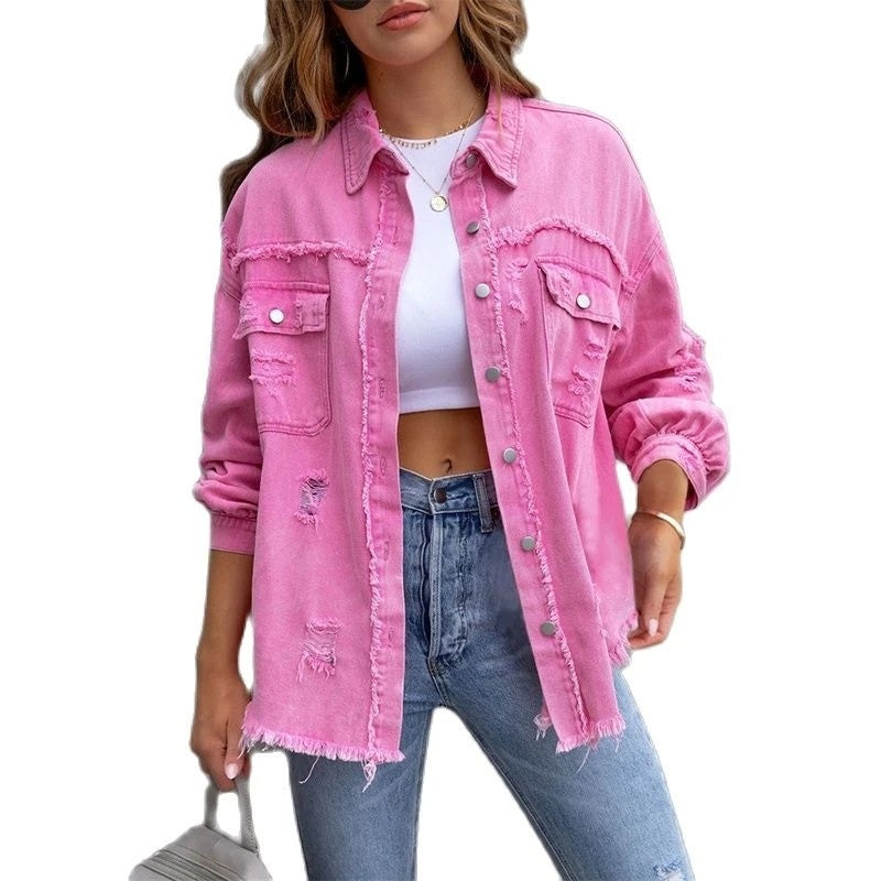 2025 Holes Raw-edges Denim Jacket Women Spring Autumn Shirt Style Jeancoat Casual Top Rose-Red Orange Purple Outerwear Lady Coat