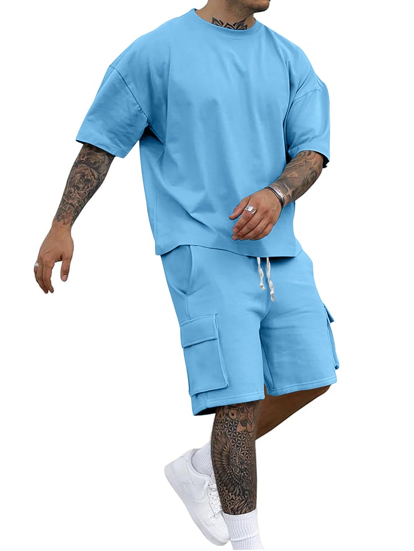 Summer new men's round neck short sleeve T-shirt shirt shorts two-piece suit loose large size ice
