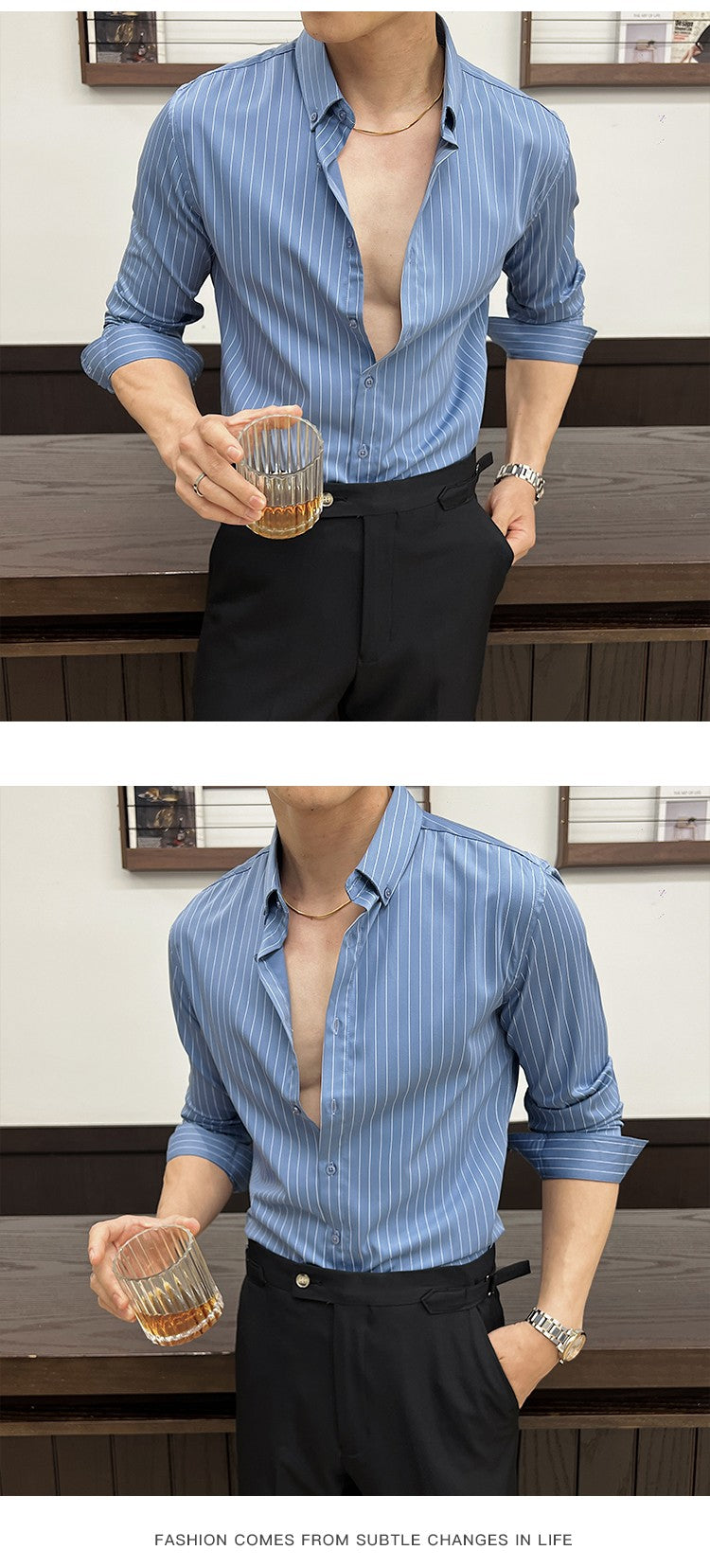 Striped Shirts for Men High-quality 2025 Autumn New Solid Business Casual Long Sleeved Elastic Slim Fit Dress Shirt Men Clothing