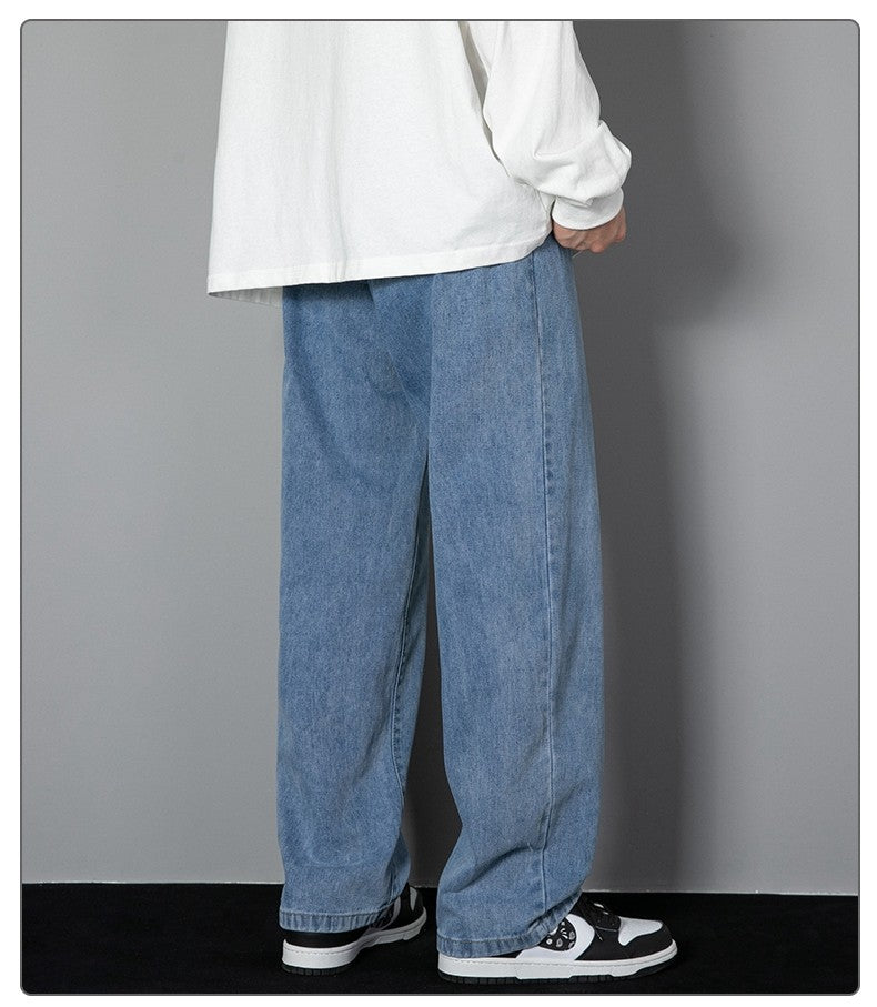 2025 Nova Calça Jeans Longa Casual Masculina Coreana Clássica Masculina Reta Jeans Perna Larga Cor Sólida Azul Claro Cinza Preto