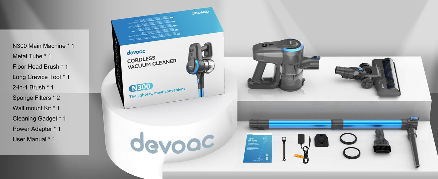 Aspirador de Pó Sem Fio DEVOAC N300 6 em 1 Potente Ultraleve Portátil Tipo Bastão Bateria 2200mAh para Carpete e Piso Duro