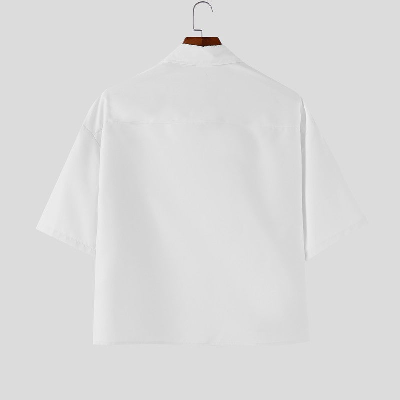 INCERUN Men's Shirts Solid Color Lapel Short Sleeve Pockets Button Male Crop Tops Streetwear Summer Loose Fashion Men Clothing