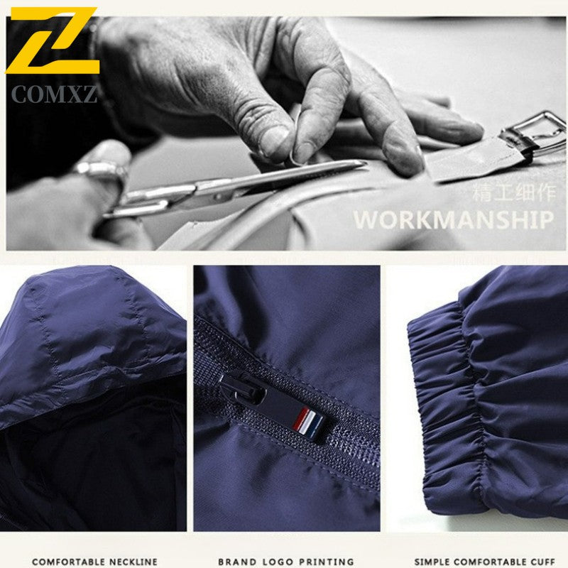 2025 Autumn Windproof Jacket Men's Trendy Solid Color Zipper Pocket Windbreaker Coat Casual Camping Jogging Loose Hooded Jackets