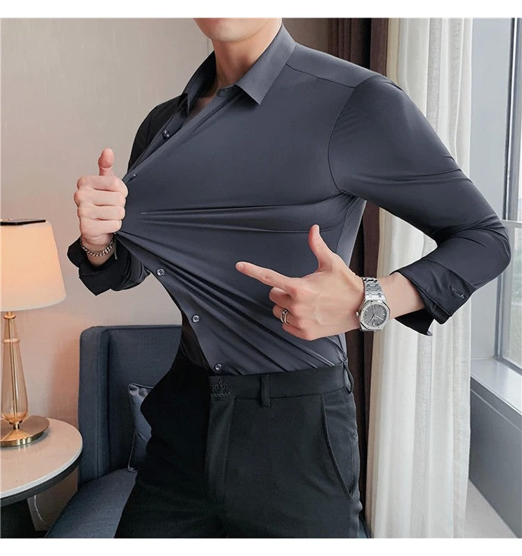 Men's Long Sleeved Elastic Shirt No Ironing Business Wear Professional Workwear Stand Up Collar Shirt Casual Solid Color Shirt