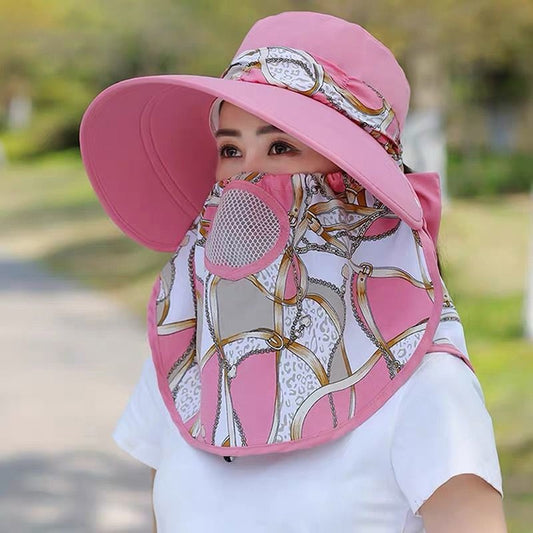 Verão Mulheres Exterior Estampa Chapéu Pescador Proteção UV Aba Larga Chapéu Jardim Trabalho Sombra Respirável Máscara Facial Destacável Quepe