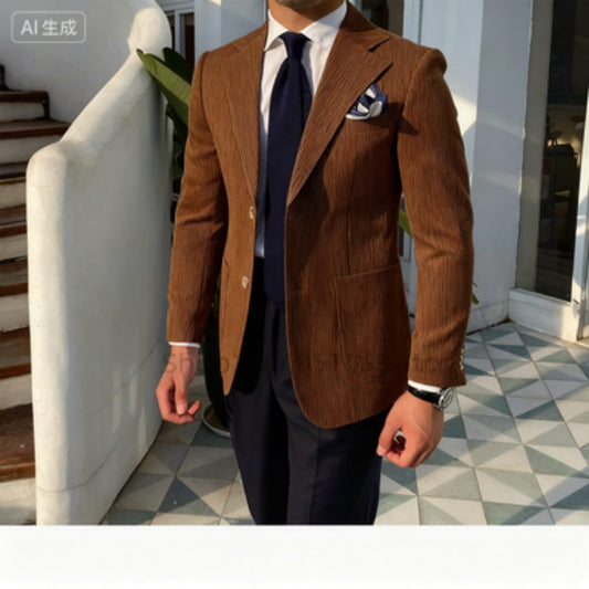 Summer Seersucker 2-Piece Men's Blue Striped Blazer Suit with Notched Lapel Casual Wedding Fine Fit Trousers Male Fashion