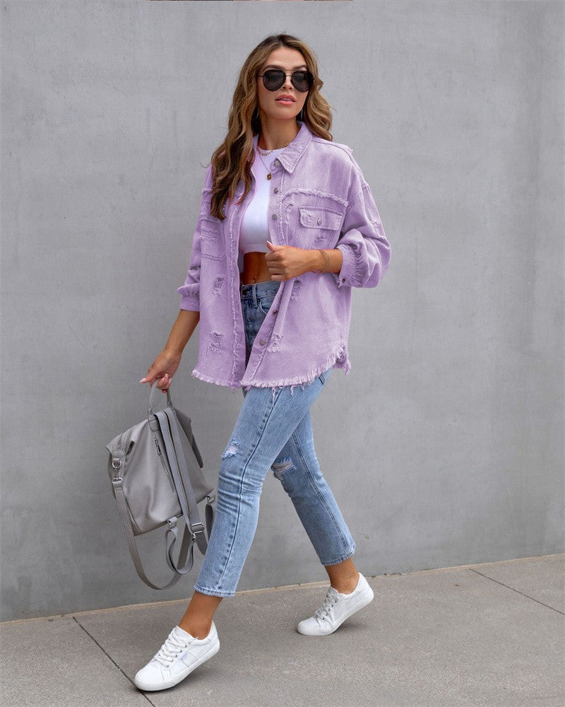 2025 Holes Raw-edges Denim Jacket Women Spring Autumn Shirt Style Jeancoat Casual Top Rose-Red Orange Purple Outerwear Lady Coat